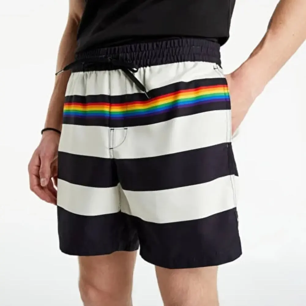 Vans Pride Collection Rainbow Striped Volley Swim Shorts Black Cream Medium NWT